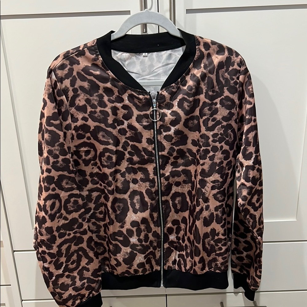Brown and Black Leopard Bomber Jacket